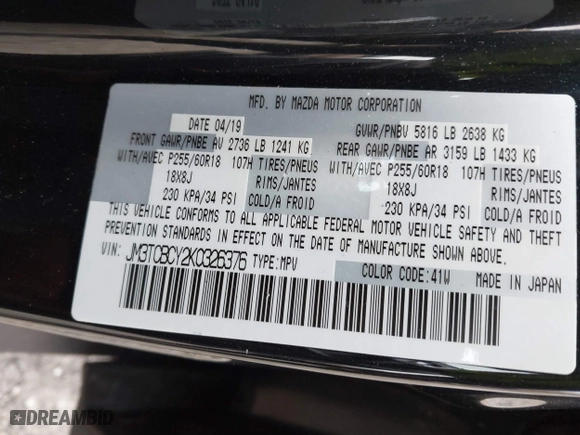 2019 Mazda CX-9 Touring with VIN JM3TCBCY2K0326376, listed as a IAAI auction lot 41727080 with 100,339 mi miles. Bid and sale history available at carsss.com. Image 9.