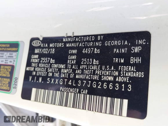 2018 Kia Optima LX with VIN 5XXGT4L37JG266313, listed as a IAAI auction lot 41662782 with Not Provided miles and . Bid and sale history available at carsss.com. Image 9.