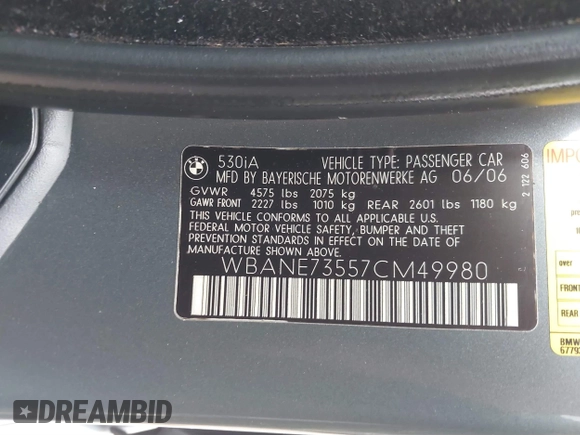 2007 BMW 5 Series 530i with VIN WBANE73557CM49980, listed as a IAAI auction lot 41518849 with 106,231 mi miles. Bid and sale history available at carsss.com. Image 9.