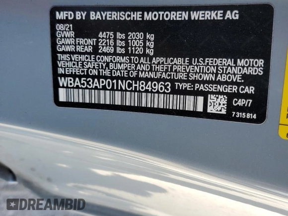 2022 BMW 4 Series 430i z VIN WBA53AP01NCH84963, wystawiony jako Copart lot #72785144 z przebiegiem Nie podano mil oraz Szkoda całkowita • Salvage title. Historia ofert i sprzedaży dostępna na DreamBid. Obrazek 12.