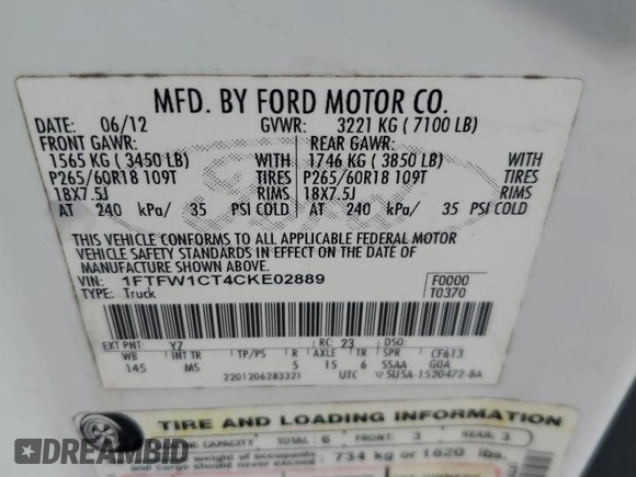 2012 Ford F-150 XL with VIN 1FTFW1CT4CKE02889, listed as a Copart auction lot 54021855 with 217,007 mi miles and Clean Title. Bid and sale history available at carsss.com. Image 12.