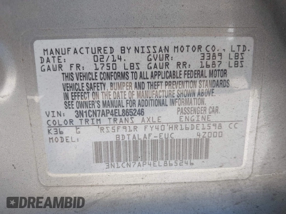 2014 Nissan Versa SV with VIN 3N1CN7AP4EL865246, listed as a IAAI auction lot 42072055 with 189,095 mi miles. Bid and sale history available at carsss.com. Image 9.