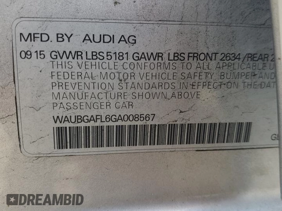 2016 Audi S4 Premium Plus with VIN WAUBGAFL6GA008567, listed as a Copart auction lot 44140285 with 0 mi miles and Salvage Title. Bid and sale history available at carsss.com. Image 12.