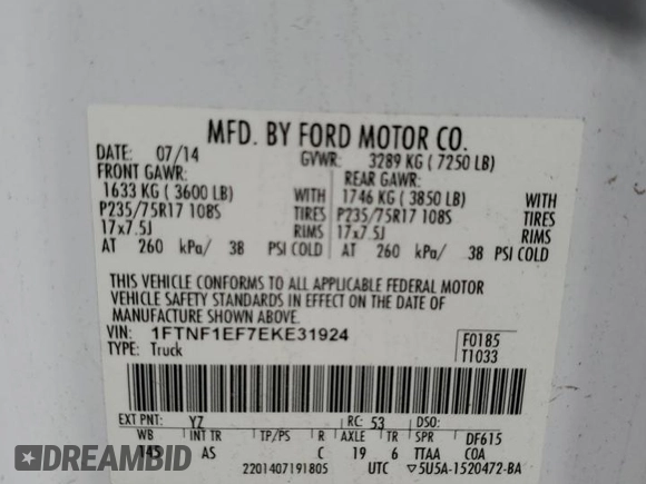 2014 Ford F-150 XL with VIN 1FTNF1EF7EKE31924, listed as a Copart auction lot 63032584 with 223,517 mi miles and Salvage Title. Bid and sale history available at carsss.com. Image 12.