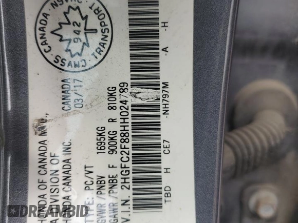 2017 Honda Civic EX with VIN 2HGFC2F88HH024789, listed as a Copart auction lot 50607845 with 106,199 mi miles and Salvage Title. Bid and sale history available at DreamBid. Image 12.