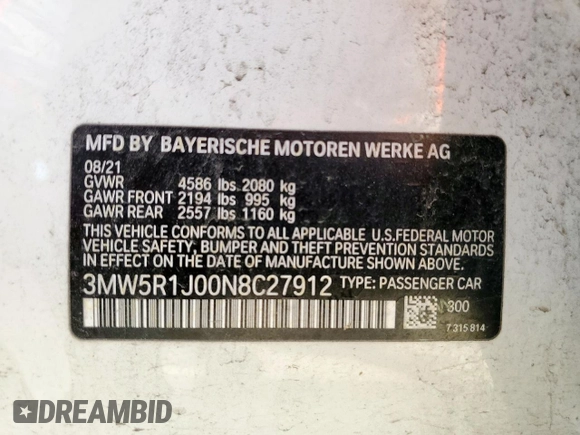 2022 BMW 3 Series 330i z VIN 3MW5R1J00N8C27912, wystawiony jako Copart lot #57255145 z przebiegiem 49 569 mil mil oraz Szkoda całkowita • Salvage title. Historia ofert i sprzedaży dostępna na DreamBid. Obrazek 13.
