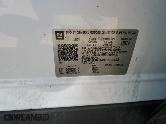 2019 Chevrolet Blazer RS z VIN 3GNKBJRS4KS566498, wystawiony jako Copart lot #55975745 z przebiegiem 62 290 mil mil oraz Szkoda całkowita • Salvage title. Historia ofert i sprzedaży dostępna na DreamBid. Obrazek 12.
