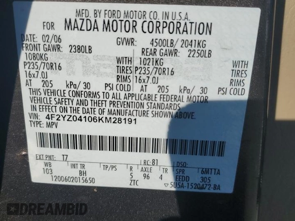 2006 Mazda Tribute S with VIN 4F2YZ04106KM28191, listed as a Copart auction lot 83150994 with 126,536 mi miles and Clean Title. Bid and sale history available at DreamBid. Image 13.