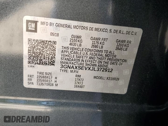2018 Chevrolet Equinox LT with VIN 3GNAXSEVXJL372912, listed as a Copart auction lot 50336405 with 114,037 mi miles and Salvage Title. Bid and sale history available at carsss.com. Image 13.