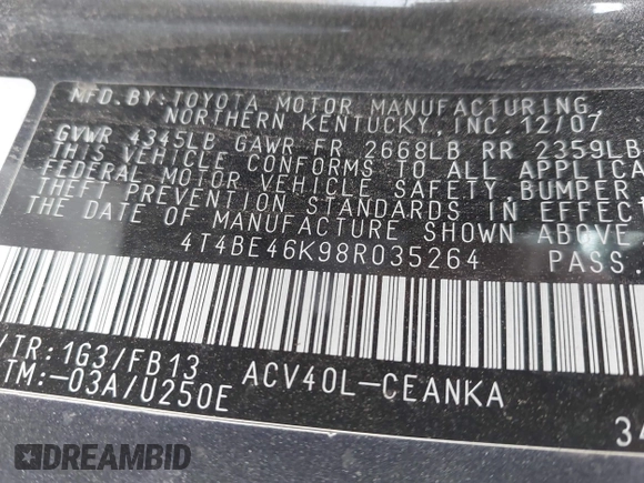 2008 Toyota Camry LE z VIN 4T4BE46K98R035264, wystawiony jako IAAI lot #42271383 z przebiegiem 260 977 mil mil oraz . Historia ofert i sprzedaży dostępna na DreamBid. Obrazek 9.