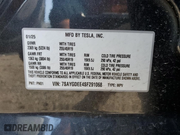 2025 Tesla Model Y Long Range with VIN 7SAYGDEE4SF291068, listed as a Copart auction lot 51204615 with 2,958 mi miles and Salvage Title. Bid and sale history available at DreamBid. Image 12.