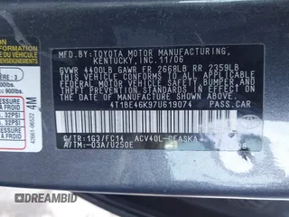2007 Toyota Camry CE with VIN 4T1BE46K97U619074, listed as a IAAI auction lot 41968431 with 202,724 mi miles and . Bid and sale history available at DreamBid. Image 9.