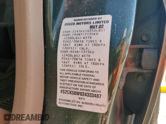 2002 Isuzu Rodeo S z VIN 4S2CK58W024333487, wystawiony jako Copart lot #76361854 z przebiegiem Nie podano mil oraz Nie do naprawy • Non repairable. Historia ofert i sprzedaży dostępna na DreamBid. Obrazek 14.