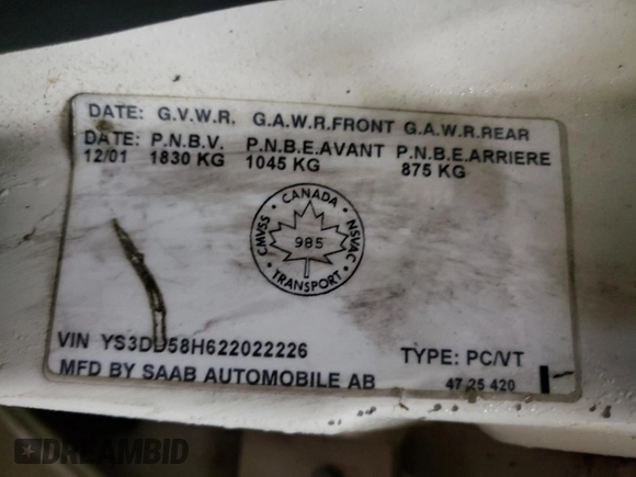 2002 Saab 9-3 with VIN YS3DD58H622022226, listed as a Copart auction lot 44865564 with 184,296 mi miles and Salvage Title. Bid and sale history available at carsss.com. Image 12.