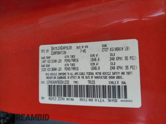 2006 Dodge Dakota SLT z VIN 1D7HE42N76S501233, wystawiony jako Copart lot #80200934 z przebiegiem 281 599 mil mil oraz Szkoda całkowita • Salvage title. Historia ofert i sprzedaży dostępna na DreamBid. Obrazek 12.