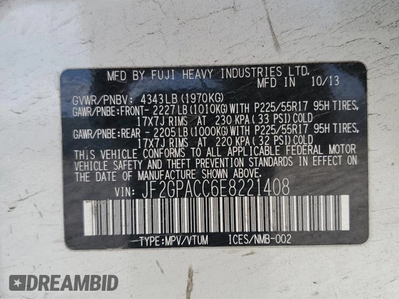 2014 Subaru Crosstrek Premium z VIN JF2GPACC6E8221408, wystawiony jako Copart lot #56502795 z przebiegiem 154 218 mil mil oraz Szkoda całkowita • Salvage title. Historia ofert i sprzedaży dostępna na DreamBid. Obrazek 14.