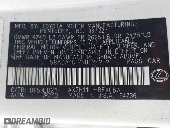 2022 Lexus ES 300h with VIN 58ADA1C17NU025202, listed as a IAAI auction lot 41370590 with 15,105 mi miles and . Bid and sale history available at DreamBid. Image 9.