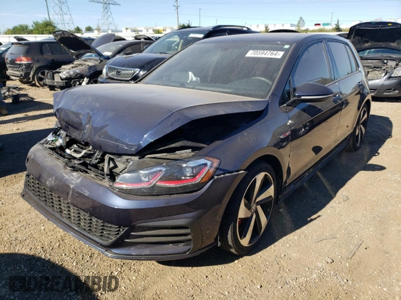 2019 Volkswagen Golf GTI S with VIN 3VW5T7AU1KM023789, listed as a Copart auction lot 70594764 with 0 mi miles and Salvage Title. Bid and sale history available at carsss.com. Image 1.