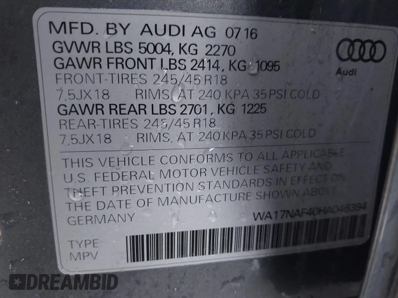 2017 Audi allroad A4 Premium with VIN WA17NAF40HA046394, listed as a IAAI auction lot 41470459 with 115,423 mi miles and . Bid and sale history available at DreamBid. Image 9.