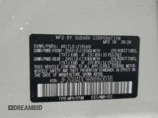 2024 Subaru Crosstrek Premium с VIN JF2GUADC9RH860038, выставлен на аукционе Copart как лот 80906284 с пробегом 1 344 миль миль и Списание • Salvage title. История ставок и продаж доступна на DreamBid. Изображение 14.