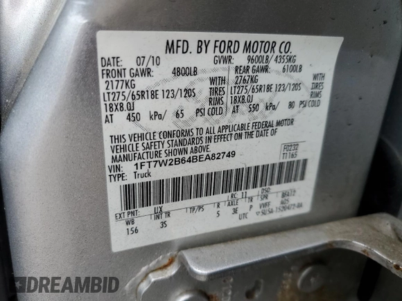 2011 Ford F-250 XL с VIN 1FT7W2B64BEA82749, выставлен на аукционе Copart как лот 59157325 с пробегом 75 208 миль миль и Списание • Salvage title. История ставок и продаж доступна на DreamBid. Изображение 12.