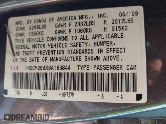 2009 Honda Accord LX-P with VIN 1HGCP264X9A163844, listed as a IAAI auction lot 42160946 with 286,806 mi miles and . Bid and sale history available at DreamBid. Image 9.