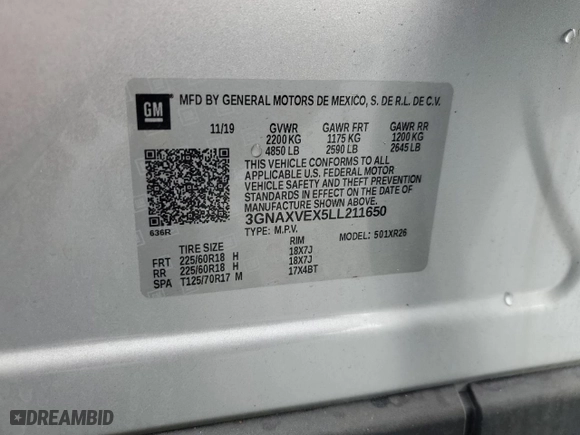 2020 Chevrolet Equinox LT with VIN 3GNAXVEX5LL211650, listed as a Copart auction lot 86737054 with 89,218 mi miles and Salvage Title. Bid and sale history available at carsss.com. Image 13.