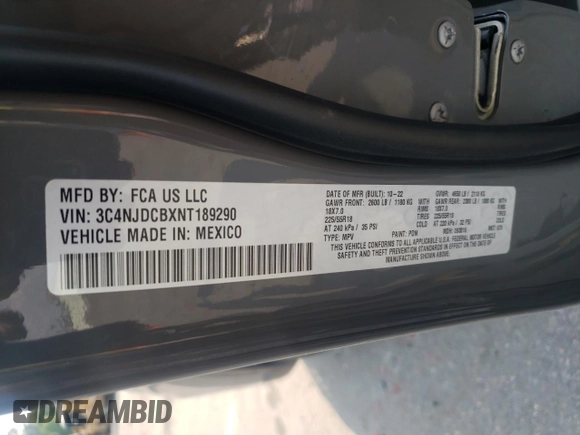 2022 Jeep Compass Limited with VIN 3C4NJDCBXNT189290, listed as a Copart auction lot 55035235 with 22,126 mi miles and Salvage title. Bid and sale history available at DreamBid. Image 13.