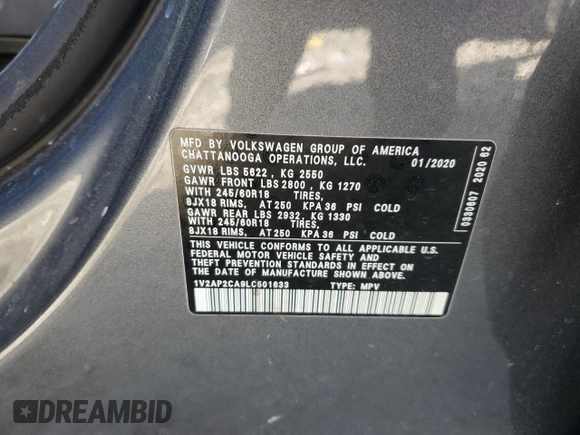 2020 Volkswagen Atlas S with VIN 1V2AP2CA9LC501633, listed as a Copart auction lot 75040264 with 104,853 mi miles and Salvage title. Bid and sale history available at DreamBid. Image 14.