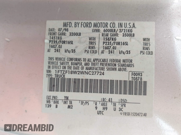 1998 Ford F-150 with VIN 1FTZF18W2WNC27724, listed as a IAAI auction lot 41501654 with 336,342 mi miles and . Bid and sale history available at DreamBid. Image 9.