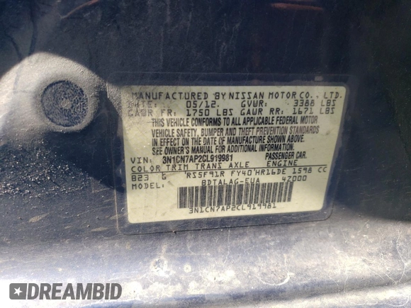2012 Nissan Versa SL with VIN 3N1CN7AP2CL919981, listed as a Copart auction lot 48093625 with 182,312 mi miles and Salvage Title. Bid and sale history available at carsss.com. Image 12.