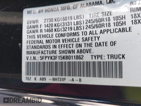 2019 Honda Ridgeline Sport with VIN 5FPYK3F15KB011862, listed as a IAAI auction lot 41834653 with 54,328 mi miles and . Bid and sale history available at DreamBid. Image 9.