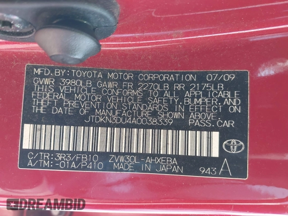 2010 Toyota Prius II with VIN JTDKN3DU4A0038339, listed as a IAAI auction lot 42104873 with 122,984 mi miles. Bid and sale history available at carsss.com. Image 9.