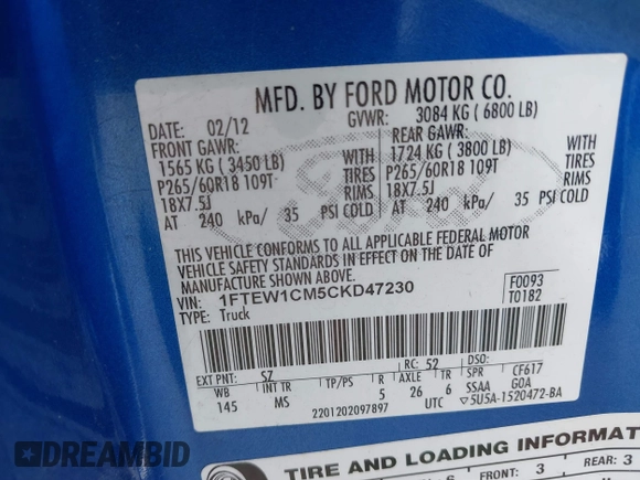 2012 Ford F-150 XL with VIN 1FTEW1CM5CKD47230, listed as a IAAI auction lot 41736964 with 1 mi miles. Bid and sale history available at carsss.com. Image 9.