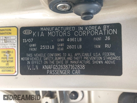 2008 Kia Rondo EX with VIN KNAFG526387162838, listed as a IAAI auction lot 41401947 with 187,062 mi miles. Bid and sale history available at carsss.com. Image 9.