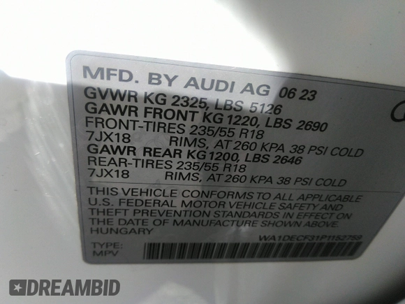 2023 Audi Q3 S line Premium with VIN WA1DECF31P1152759, listed as a IAAI auction lot 37326985 with 11 mi miles and . Bid and sale history available at DreamBid. Image 9.