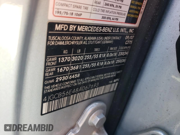 2008 Mercedes-Benz R 3.5L with VIN 4JGCB56E48A067693, listed as a Copart auction lot 47768415 with 192,977 mi miles and Salvage title. Bid and sale history available at DreamBid. Image 15.
