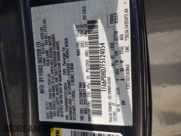 2015 Ford Fusion SE with VIN 1FA6P0HD7F5124054, listed as a Copart auction lot 63632815 with 200,725 mi miles and Clean title. Bid and sale history available at DreamBid. Image 12.