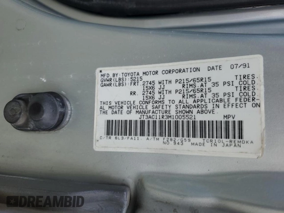 1991 Toyota Previa z VIN JT3AC11R3M1005521, wystawiony jako Copart lot #48181665 z przebiegiem 189 227 mil mil oraz Szkoda całkowita • Salvage title. Historia ofert i sprzedaży dostępna na DreamBid. Obrazek 13.