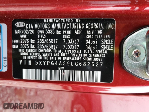 2020 Kia Sorento L with VIN 5XYPG4A39LG682627, listed as a Copart auction lot 44115135 with 114,995 mi miles and Salvage Title. Bid and sale history available at DreamBid. Image 14.