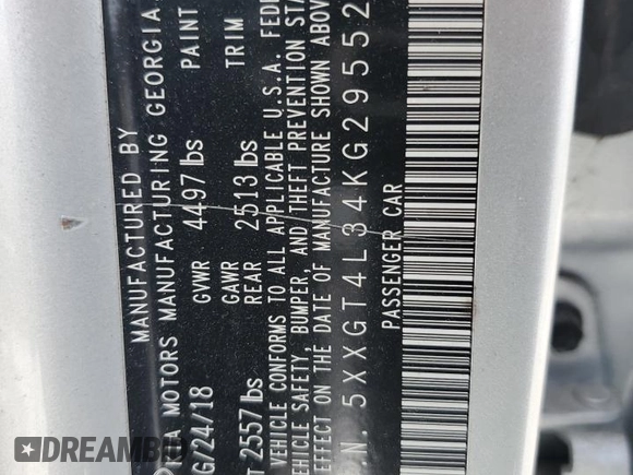 2019 Kia Optima LX with VIN 5XXGT4L34KG295527, listed as a Copart auction lot 58740675 with 71,570 mi miles and Non repairable. Bid and sale history available at DreamBid. Image 12.