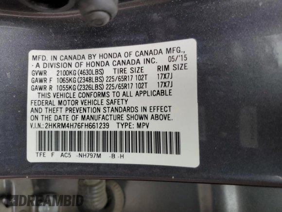 2015 Honda CR-V EX-L with VIN 2HKRM4H76FH661239, listed as a Copart auction lot 51738454 with 117,141 mi miles and Salvage Title. Bid and sale history available at carsss.com. Image 12.