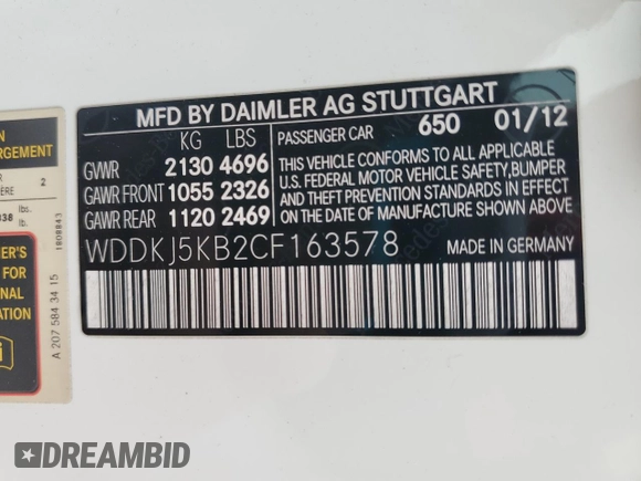 2012 Mercedes-Benz E 350 with VIN WDDKJ5KB2CF163578, listed as a Copart auction lot 60167435 with 89,224 mi miles and Salvage title. Bid and sale history available at DreamBid. Image 12.