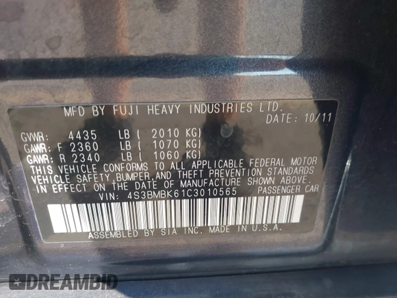 2012 Subaru Legacy Limited with VIN 4S3BMBK61C3010565, listed as a IAAI auction lot 42421568 with 84,812 mi miles and . Bid and sale history available at DreamBid. Image 9.