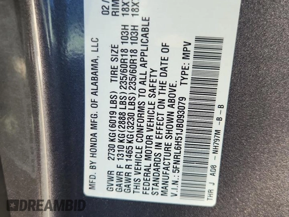 2018 Honda Odyssey EX with VIN 5FNRL6H51JB093079, listed as a Copart auction lot 64400315 with 117,619 mi miles and Non repairable. Bid and sale history available at DreamBid. Image 13.