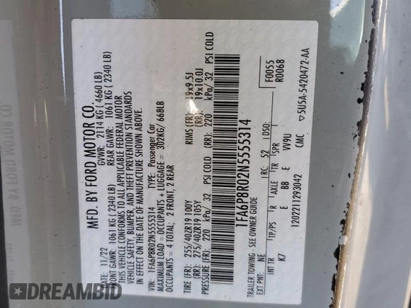 2022 Ford Mustang Mach 1 с VIN 1FA6P8R02N5555314, выставлен на аукционе Copart как лот 43996895 с пробегом 23 896 миль миль и Чистый • Clean title. История ставок и продаж доступна на DreamBid. Изображение 12.