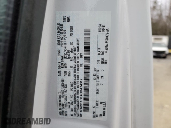 2013 Ford Econoline Passenger XL with VIN 1FMNE1BL4DDA74312, listed as a Copart auction lot 47883195 with 52,654 mi miles and Salvage title. Bid and sale history available at DreamBid. Image 13.