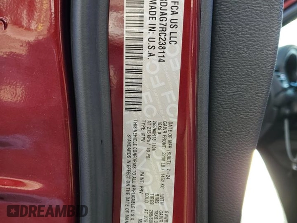 2024 Dodge Durango SXT with VIN 1C4RDJAG7RC238114, listed as a Copart auction lot 89012035 with 11,345 mi miles and Salvage title. Bid and sale history available at DreamBid. Image 13.