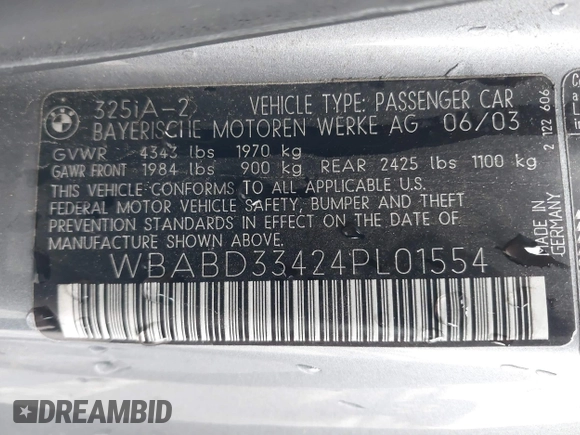 2004 BMW 3 Series 325Ci with VIN WBABD33424PL01554, listed as a IAAI auction lot 41499467 with 211,924 mi miles and . Bid and sale history available at carsss.com. Image 9.