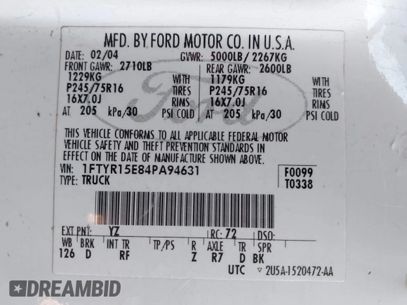 2004 Ford Ranger XL Fleet with VIN 1FTYR15E84PA94631, listed as a IAAI auction lot 42511100 with 229,926 mi miles and . Bid and sale history available at DreamBid. Image 9.